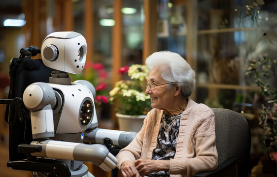 Generative AI image of caregiver robot using artificial intelligence standing holding hands of elderly woman sitting in a chair at care home center