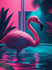 flamingo in the pool  in retro synthwave style