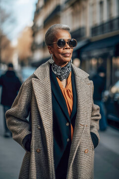 Generative AI illustration of old black woman in elegant clothes and sunglasses looking away while walking with hands in pockets in blurred street in Paris