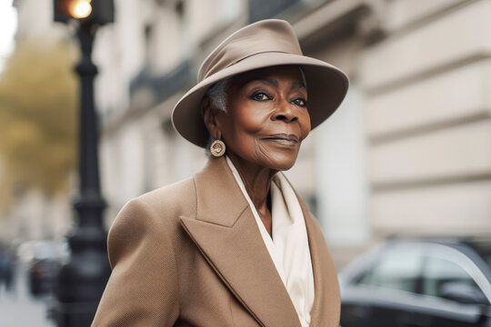 Generative AI illustration of old black woman in elegant clothes and hat looking away while standing in blurred street in Paris