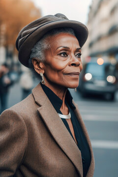 Generative AI illustration of side view of old black woman in elegant clothes and hat looking away while standing in blurred street in Paris