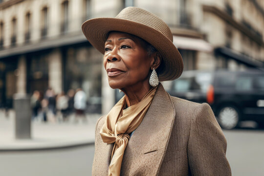 Generative AI illustration of side view of old black woman in elegant clothes and hat looking away while standing in blurred street in Paris