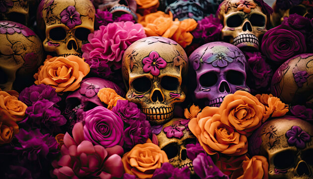 Generative AI illustration of scary hollow skulls surrounded with colorful blooming flowers