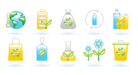 3D Icon Set of Ecology Sustainability Environment Concept. Hot Earth, Battery, Trash, Bottle, Bag, Tag, Flask, Flower, Bin. Cute Realistic Cartoon Minimal. 3D Render Vector Icons Isolated Illustration