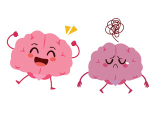 Vector illustration of cute happy and sad brain characters mascot. Healthy mind and psychological disorder concept. Depression and serotonin