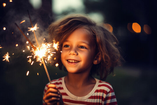 Generative AI image of smiling black kid looking away while standing and holding burning sparkler with bright sparks against blurred dark background in night