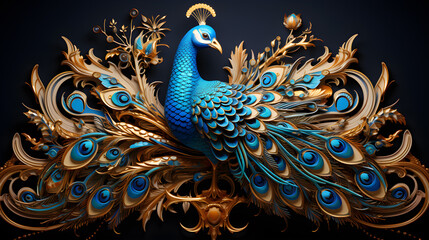 A peacock, featuring opulent golden accents and regal motifs, 3D style