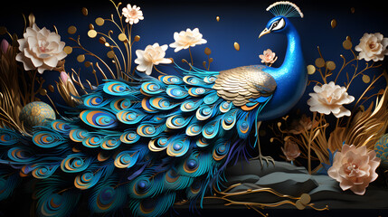 A peacock, featuring opulent golden accents and regal motifs, 3D style