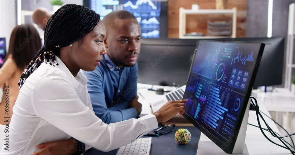 Poster african financial data analysts using dashboard on screens