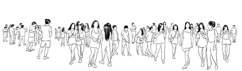 group of people ink sketch panorama view