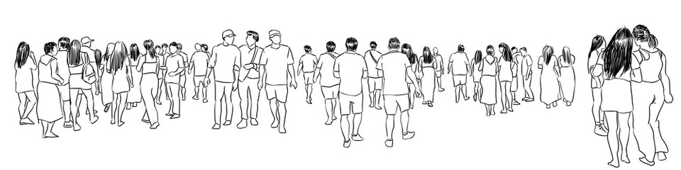 crowd walking ink drawing isolated on white background