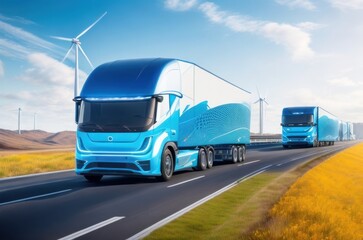 Fototapeta na wymiar Futuristic cargo trucks run on expressways.generative AI