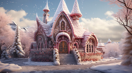 Illustration of an old fairytale-style candy house in the middle of a blizzard. House in a soft blanket of snow in storybook scene in Winter Magic. Charming house in the style of a world of sweet wond