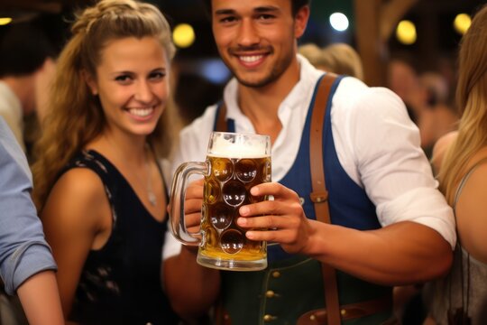 Oktoberfest, Munich. Young man in traditional costume holding a beer mug, beer festival.