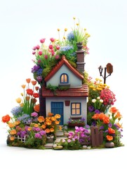 Fototapeta na wymiar 3D house illustration with plant, flowers, trees