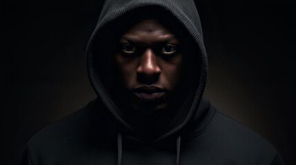 Ai-generated photo of a faceless black in a hoodie shot against a backdrop of darkness. The struggle against racial inequality, government violence to criminalise him, echoes the spirit of protests	