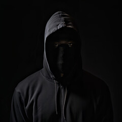Fototapeta na wymiar Ai-generated photo of a faceless black in a hoodie shot against a backdrop of darkness. The struggle against racial inequality, government violence to criminalise him, echoes the spirit of protests