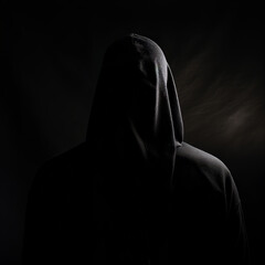 Ai-generated photo of a faceless black in a hoodie shot against a backdrop of darkness. The struggle against racial inequality, government violence to criminalise him, echoes the spirit of protests - obrazy, fototapety, plakaty
