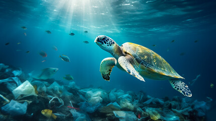 Obraz premium Sea turtle swimming the ocean surrounded by floating garbage and plastic bags. Concept of ocean pollution and the global environmental disaster. Shallow field of view. 