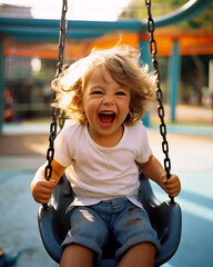 Happy Child in a swing at a playground. Childhood, kindergarten life and joy. Shallow field of view.