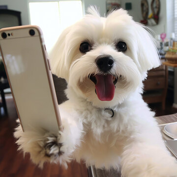 An AI-generated heartwarming photo of a cute Maltese puppy taking a selfie. An innocent exploration, carefree fun, friendship and playful simplest pleasure.