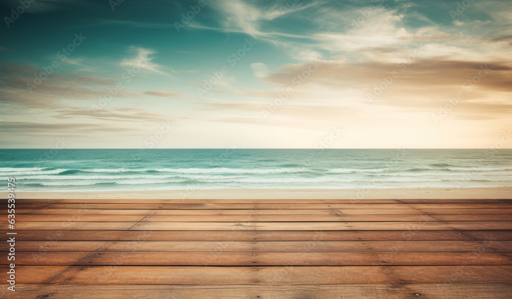 Wall mural an old wooden deck on the beach with the ocean looking out
