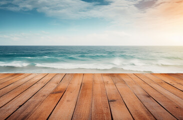 Fototapeta na wymiar an old wooden deck on the beach with the ocean looking out