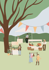 summer market poster illustration clipart, people walking at fair vector printable card, festival wall art print, party in park clip art, digital download images in flat cartoon style.