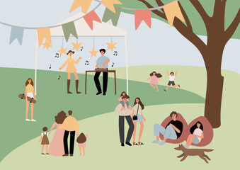 summer market poster illustration clipart, people walking at fair vector printable card, festival wall art print, party in park clip art, digital download images in flat cartoon style.