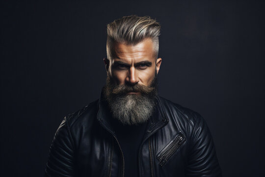 Generative ai image collage of brutal man guy rock musician look in camera on black color background