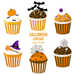 Illustration of a Halloween cupcake with pumpkin,eyeballs, witch hat,broom,spider web,bat decorating elements.