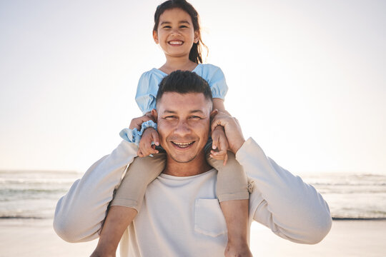 Portrait, carry and father with girl, beach and happiness with love, bonding and island getaway. Family, parent and female child with a smile, seaside holiday or journey with adventure, ocean or care