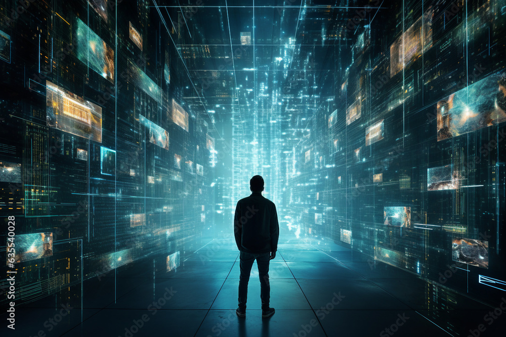 Aufkleber generative ai collage photo of guy gamer using device gadget for virtual reality simulation