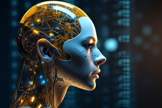 Generative ai collage of female humanoid robot invention on dark black background