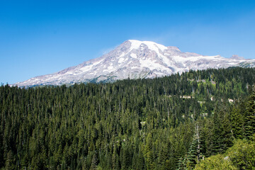 Serenity in snowy mountain landscape with clear blue sky and pine trees