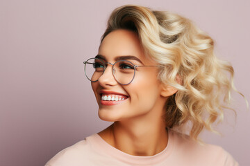 Fototapeta premium Generative AI illustration of amazing self confident agent woman with attractive stylish hairdo posing over colorful background