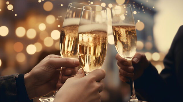Hand holding glass of champagne, people cheering, cheers, spending a moment together with friends, party, happy moment, nightclub, restaurant, cheering, family, sparkling wine, luxury,