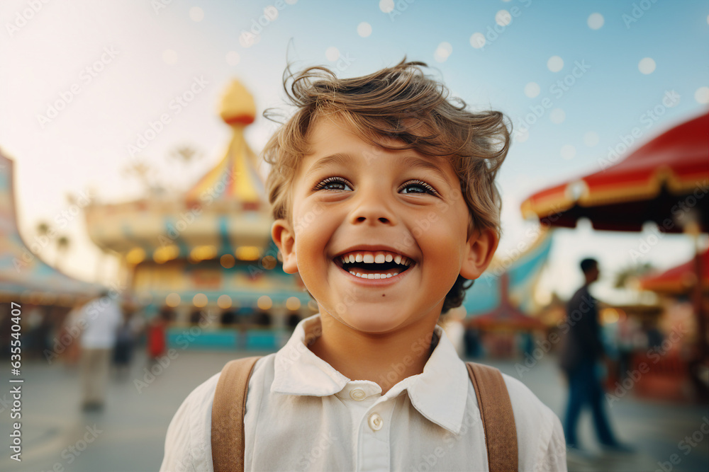 Sticker Generative AI illustration funny little kid visiting amusement park summer holidays joyfully smiling best day leisure