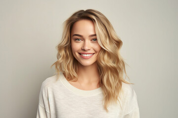 Fototapeta premium Generative AI portrait attractive young blonde hair girl smiling beauty concept isolated pastel color wall background