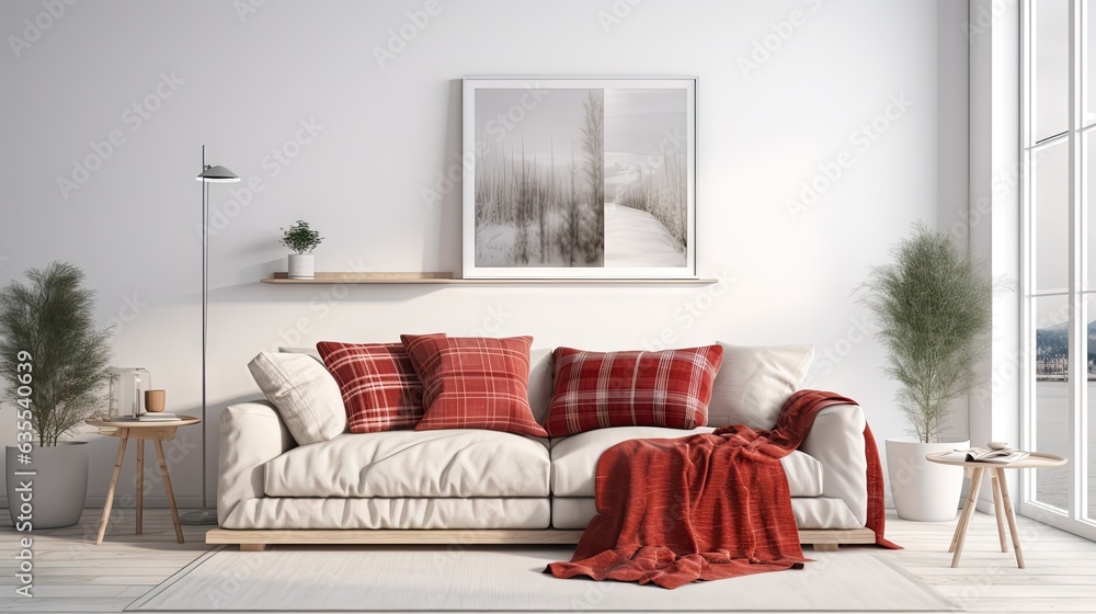 Poster sofa with red soft pillows and warm plaids created with generative ai technology