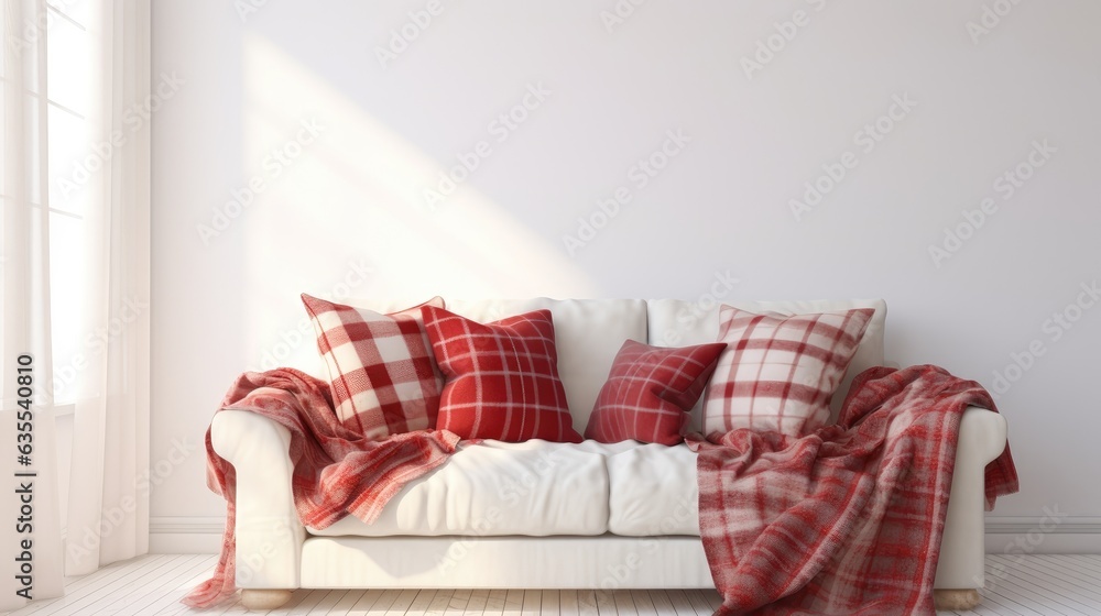 Poster sofa with red soft pillows and warm plaids created with generative ai technology
