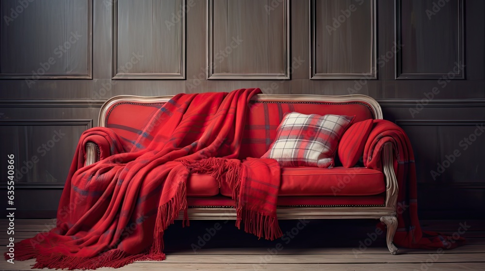 Poster sofa with red soft pillows and warm plaids created with generative ai technology