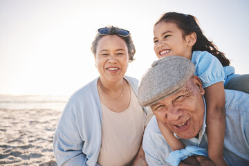 Fun, beach and girl playing with her grandparents on a family vacation, adventure or holiday....