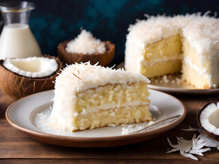 Homemade delicious coconut cake with half coconut, Generative AI