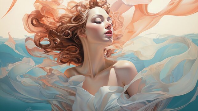 A creative portrait of a young girl in soft pastel colors with flowing hair against a background of flowing chiffon fabric.