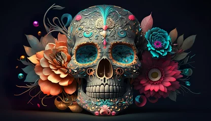 Foto op Canvas Hispanic heritage sugar skull marigold Festive dia de los muertos background. © syedlalshah
