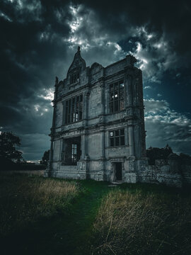 Creepy old english castle, spooky medievil haunted building with no roof
