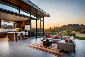 Gardinen A charming Arizona home with a front yard that boasts large, beautiful windows, allowing ample natural light to flood the interior, the windows offer views of the picturesque desert landscape. © sarmad