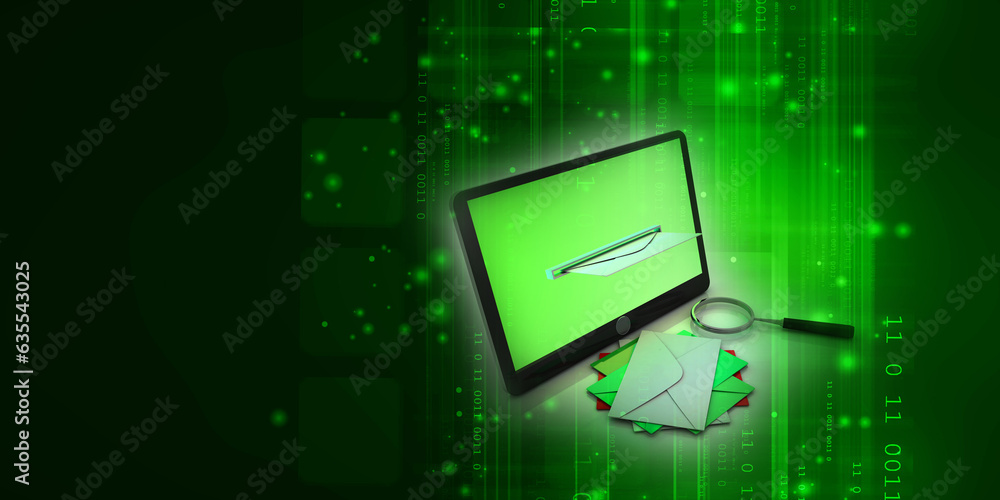 Poster 3d rendering envelope in mobile phone near lens