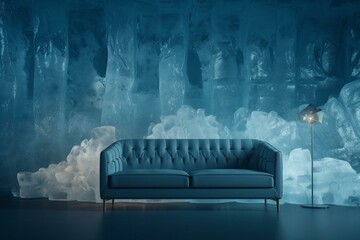 Chilly frozen lounge featuring a couch and ice-shaped formations on the wall. Generative AI